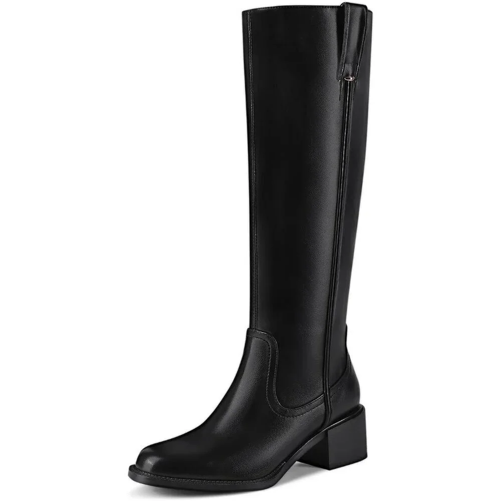 Women's Black Chunky Low Block Heel Round Toe Faux Leather Knee High Boots